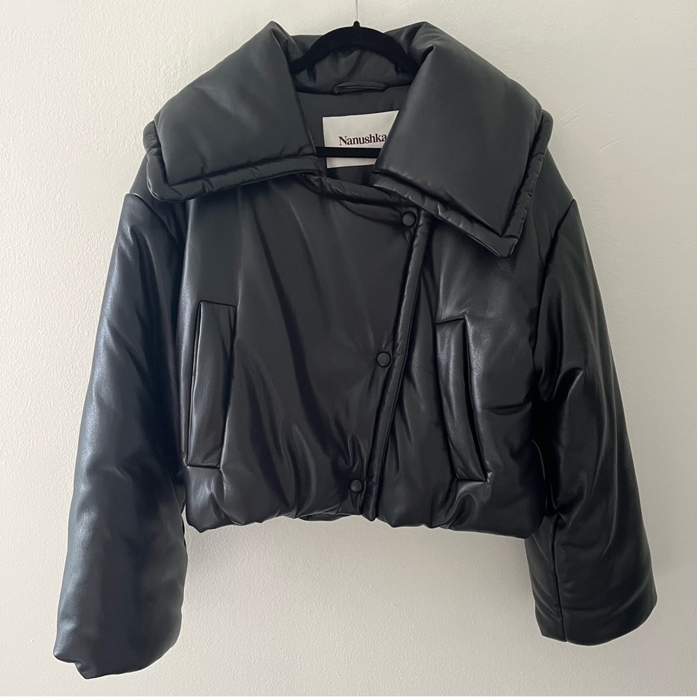 Nanushka Jamie Vegan Leather Puffer Jacket in Black Size Small